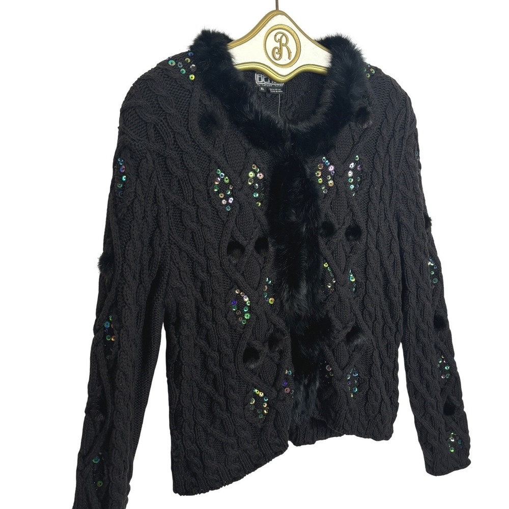Y2K Vintage Sequin Cable Knit Cardigan Faux Fur Trim Sweater Black Retro Glam XL